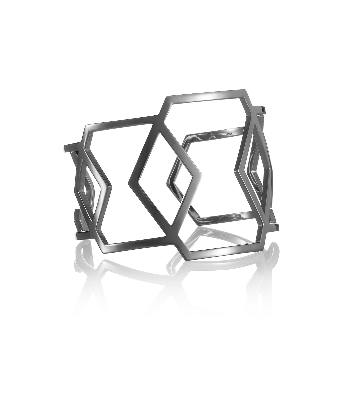 Geometric cuff bracelet from Cell collection by David&Martin Jewellery. Hexagon-shaped, made of 925 silver. 