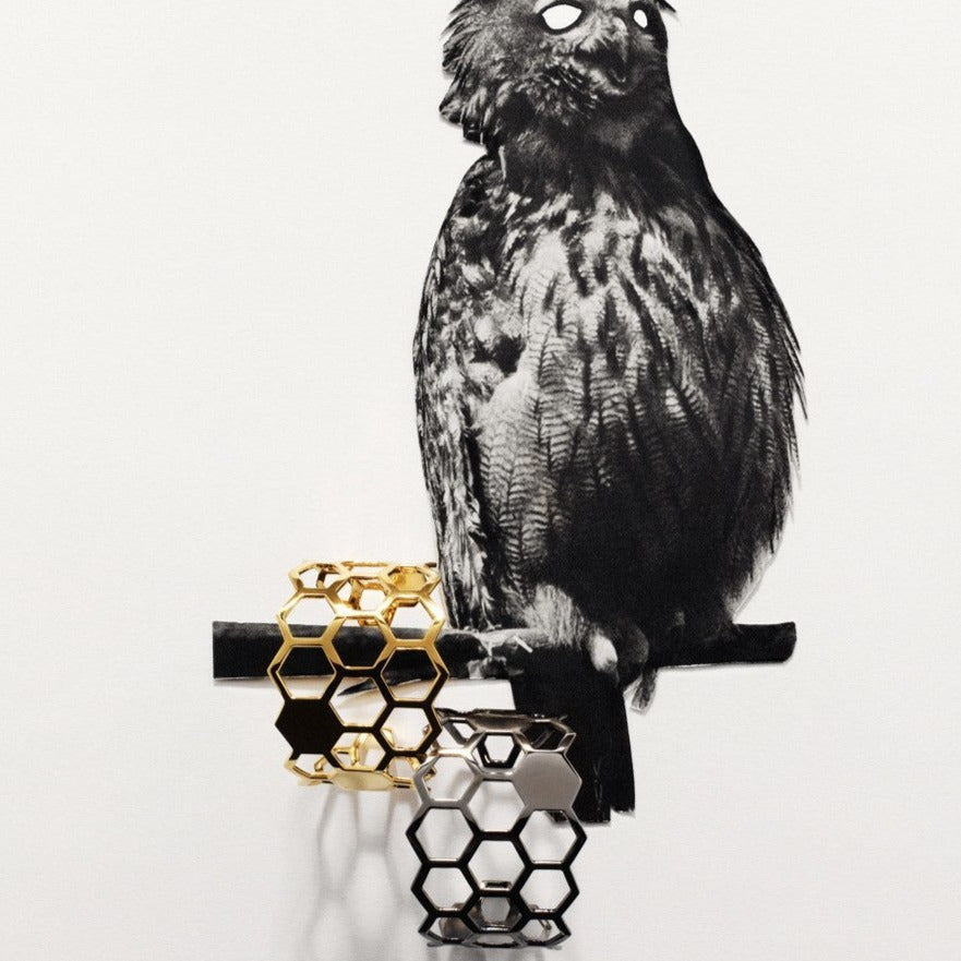 Bestselling chunky geometric cuff bracelet from Cell collection. This is one of the most iconic contemporary designer pieces by David&Martin. Material: 925 silver. Size: adjustable, fits any wrist.