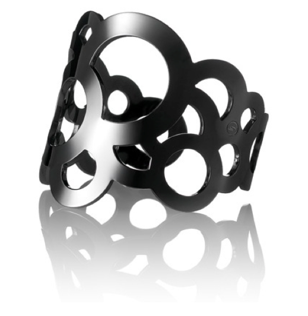Popular, classy yet edgy cuff bracelet in shiny black rhodium plating from Circles collection. The cuff was designed for Lagerfeld Gallery and featured on Lagerfeld Gallery Fashion Show in Paris. Material: Rhodium-plated brass. Size: adjustable, fits any wrist.
