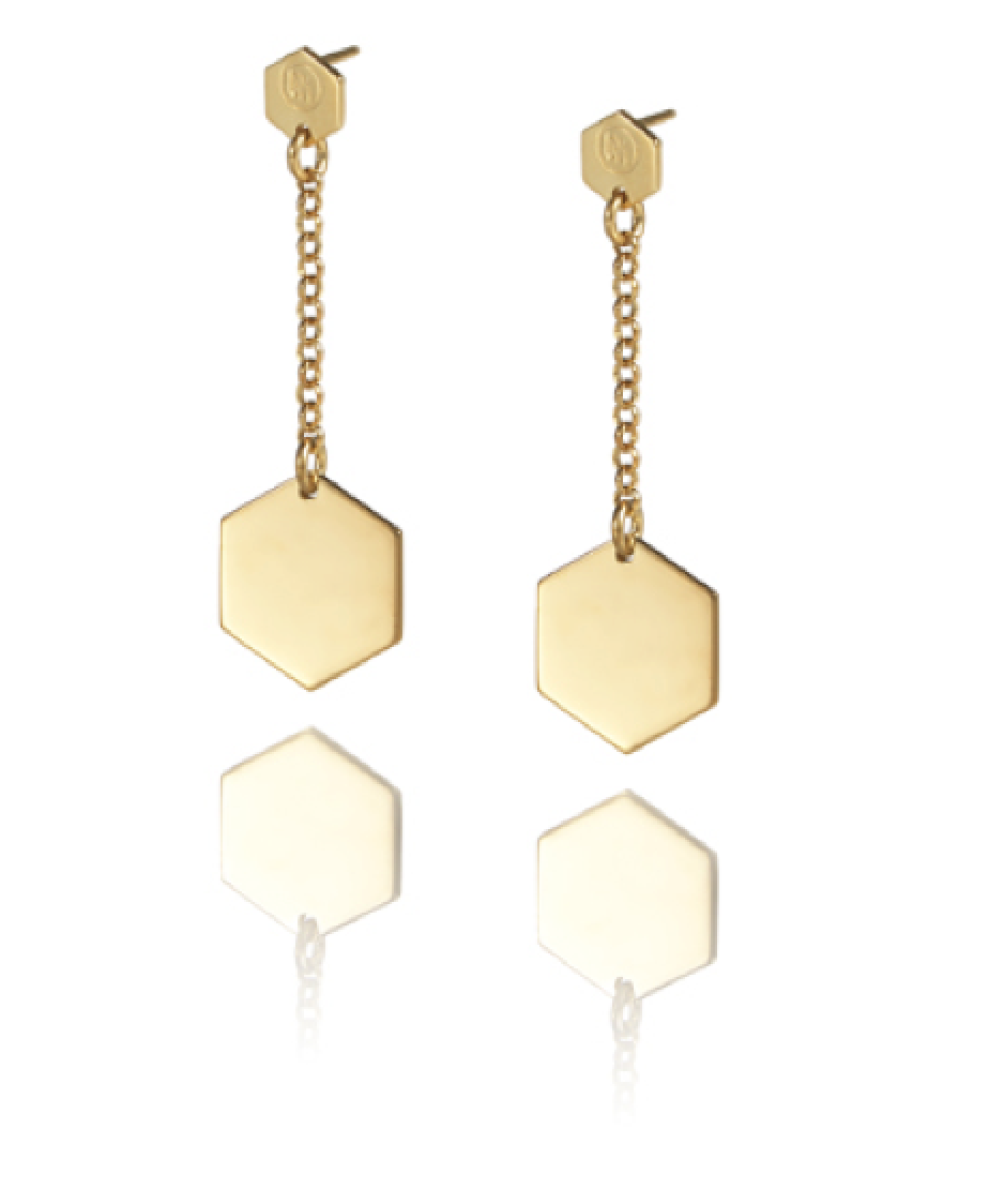 Minimalist and playful Cell earrings with hexagon-shaped pendants from iconic Cell collection by David&Martin. Material: 925 silver.