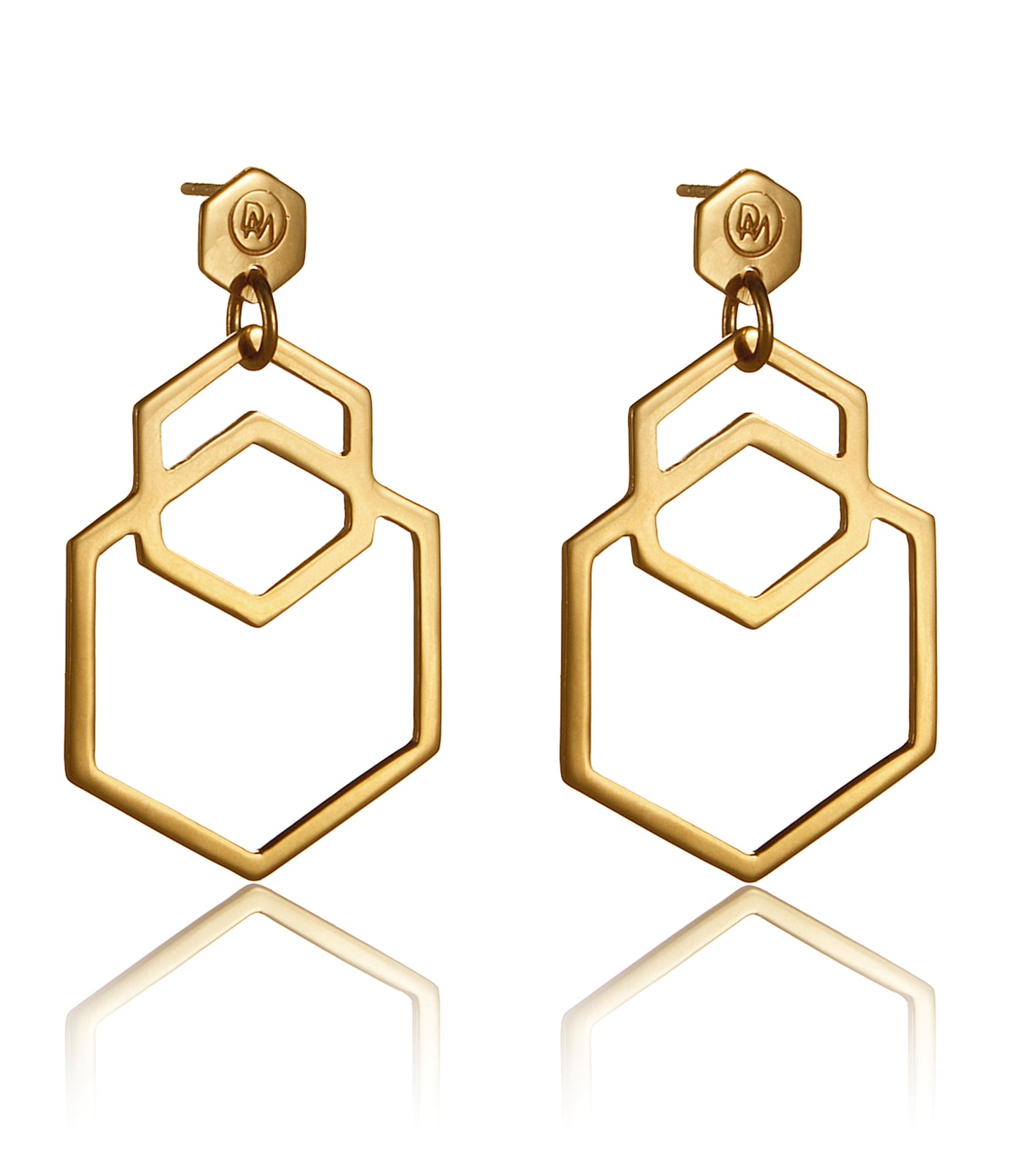 Eye-catching and easy to wear light hexagon-shaped earrings from popular Cell collection. Material: 18 karat gold-plated silver. Size: earrings' length is approximately 5cm.