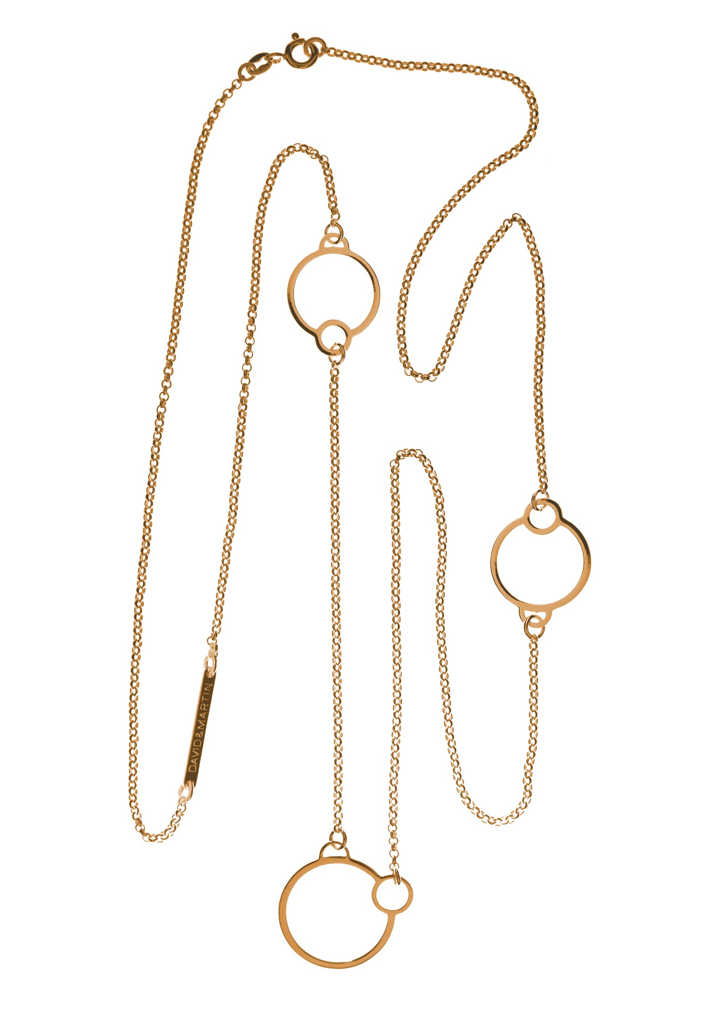 Contemporary designer long necklace with 3 circles from popular Circles collection by David&Martin. The chain is long enough for it to be worn as a two-layered short necklace. Material: 18 karat gold-plated silver. Size: the length is 90cm.