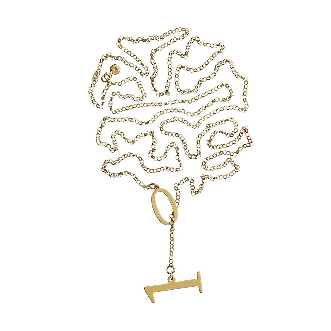 Long slip-through necklace with Zero and One pendants from Numbers collection. The chain is long enough to be wrapped around the neck twice and the item can be worn as long necklace or a choker with a pendant. Material: 18 karat gold-plated 925 silver. Size: 90cm.