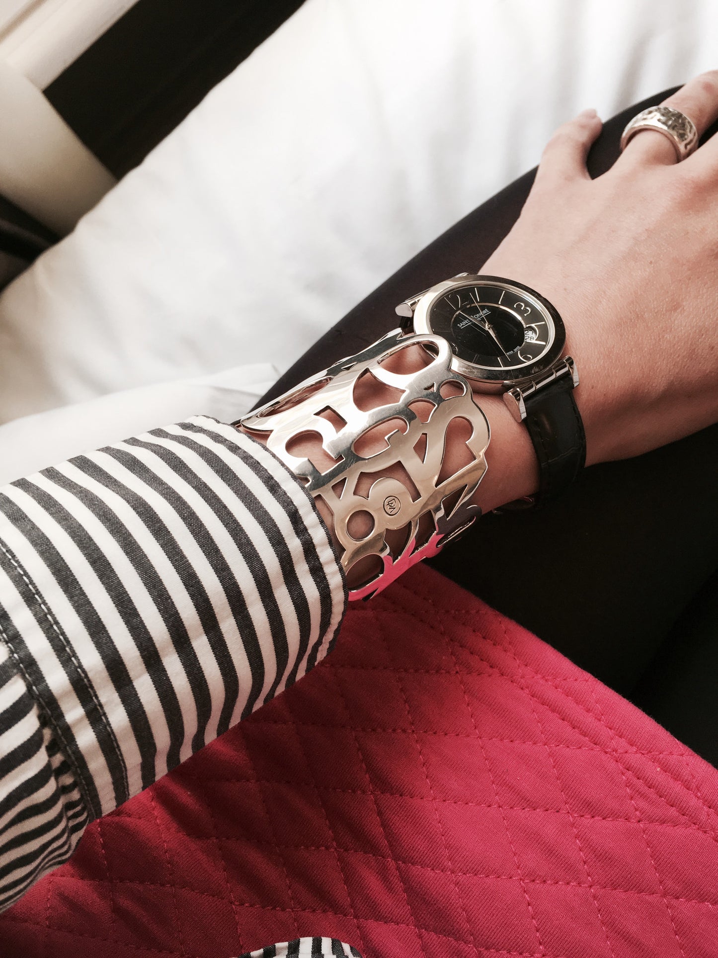 Conceptual chunky cuff bracelet from popular Numbers collection. Material: 18 karat gold-plated silver. Size: adjustable, fits any wrist.