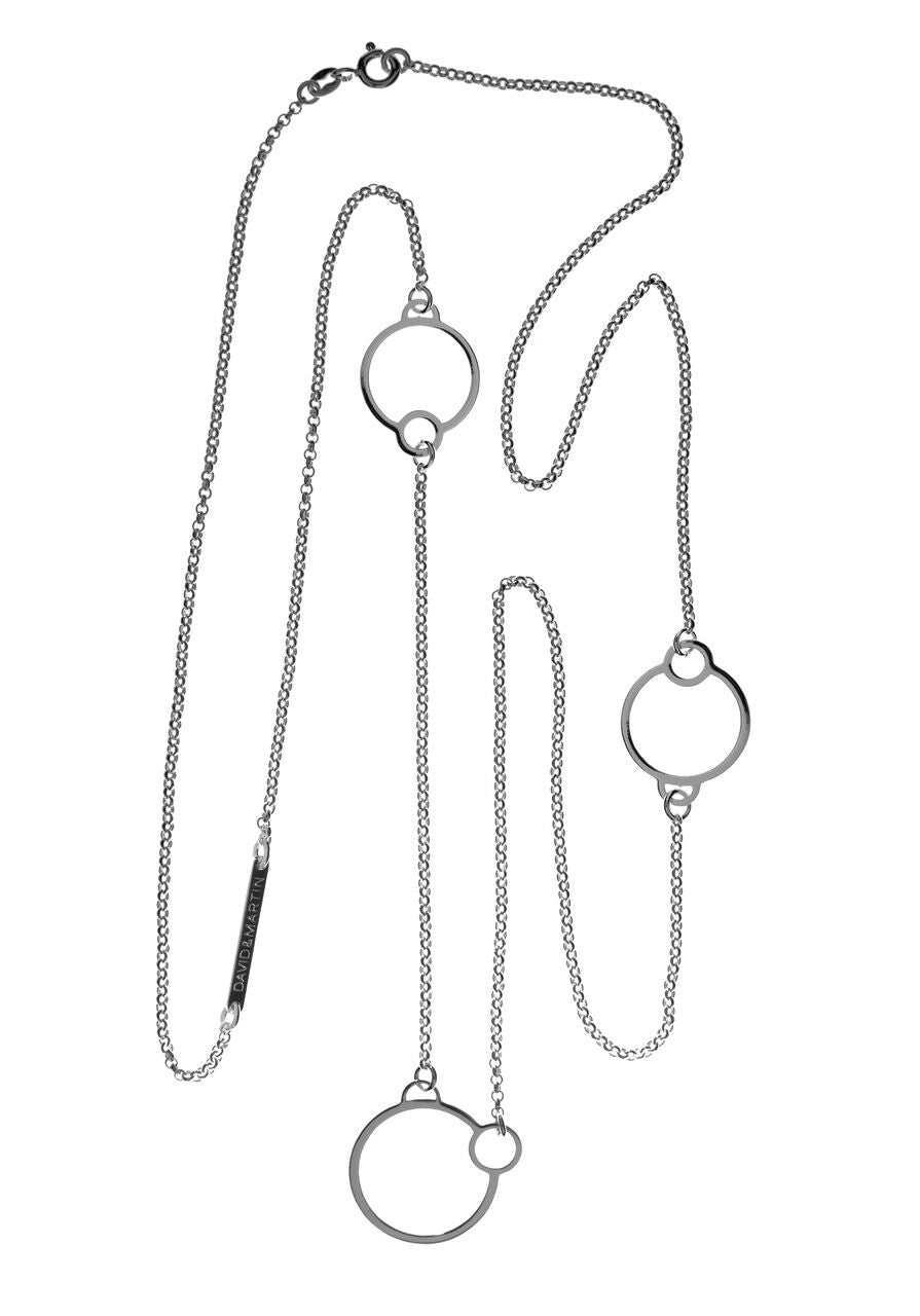 Contemporary designer long necklace with 3 circles from popular Circles collection by David&Martin. The chain is long enough for it to be worn as a two-layered short necklace. Material: 925 silver. Size: the length is 90cm.
