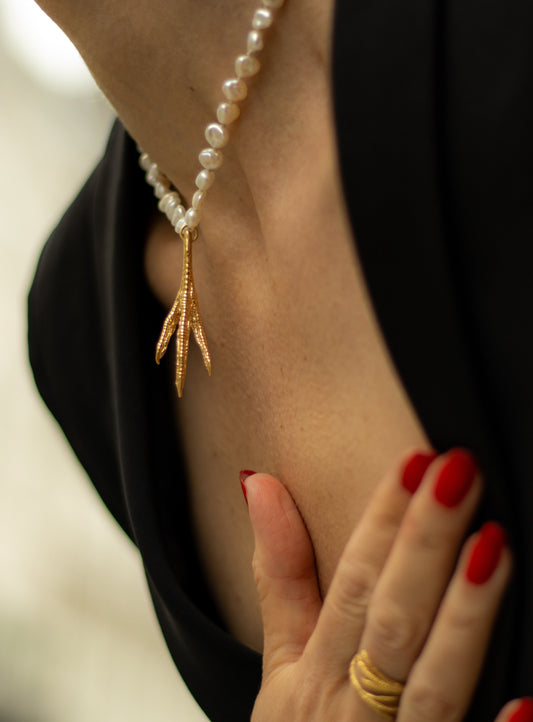 Chicken Feet Meet Pearls Necklace, freshwater pearls and gold-plated silver