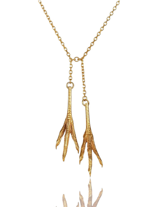 Hühnerfüße Halskette mit Doppelanhänger, 18 Karat vergoldetes Silber