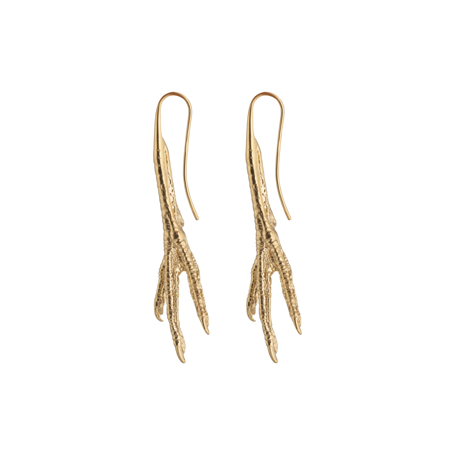 Striking Chicken Feet earrings from a breakthrough collection by David&Martin.  Chicken Feet collection was inspired by a beautiful girl spotted by David&Martin designers in Shanghai underground; she was eating deep fried chicken feet and simultaneously flicking through French Vogue.  Material: 18 karat gold-plated silver. 