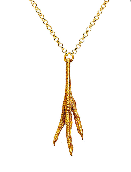 Iconic 18 karat gold-plated silver necklace with a single Chicken Feet pendant.  Chicken Feet collection was inspired by a beautiful girl spotted by David&Martin designers in Shanghai underground; she was graciously eating deep fried chicken feet and simultaneously flicking through French Vogue.  Length 76 cm.