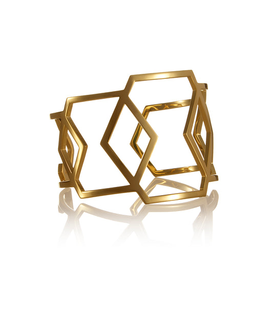 Geometric Cell cuff bracelet, hexagon-shaped, 18 karat gold plated silver by David&Martin Jewellery