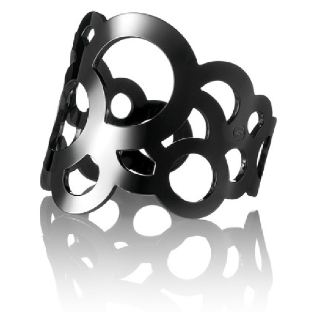 Popular, classy yet edgy cuff bracelet in shiny black rhodium plating from Circles collection. The cuff was designed for Lagerfeld Gallery and featured on Lagerfeld Gallery Fashion Show in Paris.  Material: Rhodium-plated brass.  Size: adjustable, fits any wrist.