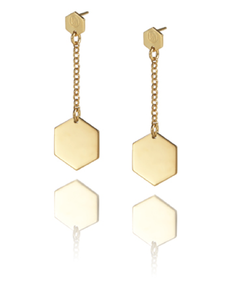 Minimalist and playful Cell earrings with hexagon-shaped pendants from iconic Cell collection by David&Martin.  Material: 925 silver.