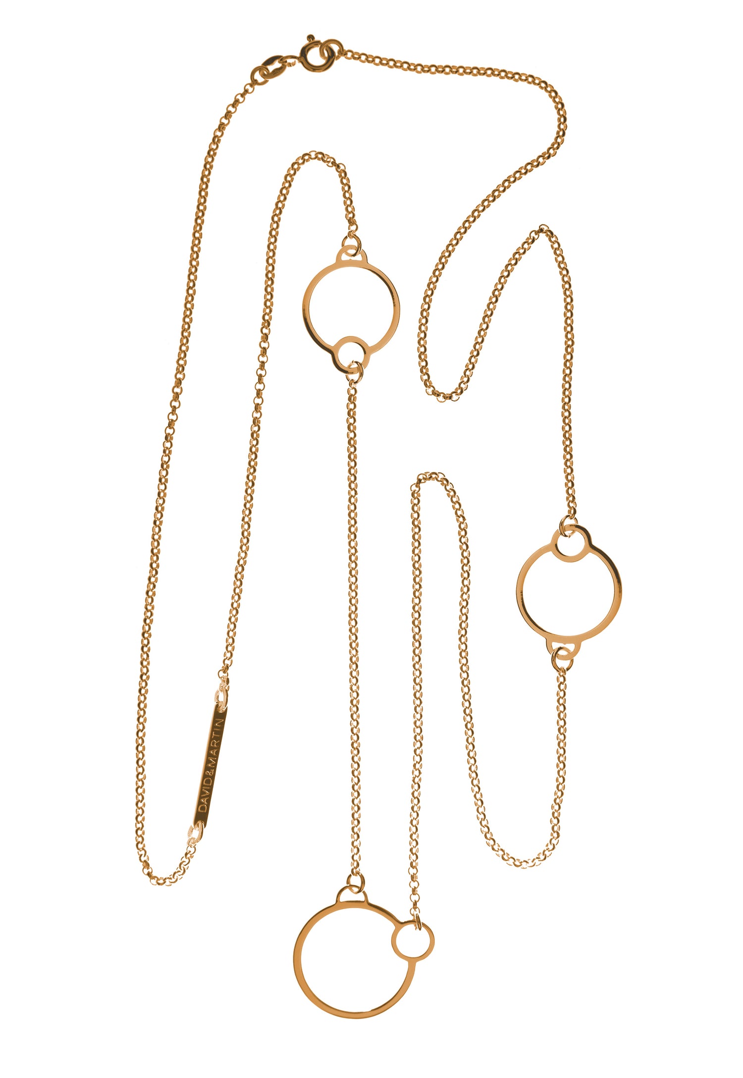Contemporary designer long necklace with 3 circles from popular Circles collection by David&Martin. The chain is long enough for it to be worn as a two-layered short necklace.   Material: 18 karat gold-plated silver.   Size: the length is 90cm. 