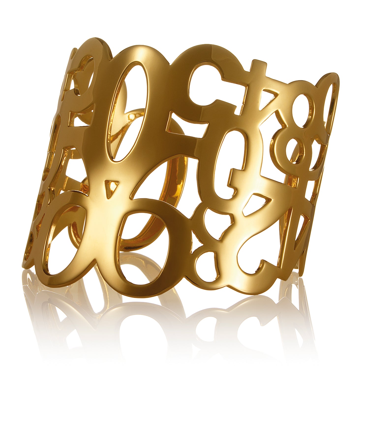 Conceptual chunky cuff bracelet from popular Numbers collection.  Material: 18 karat gold-plated silver.  Size: adjustable, fits any wrist. 