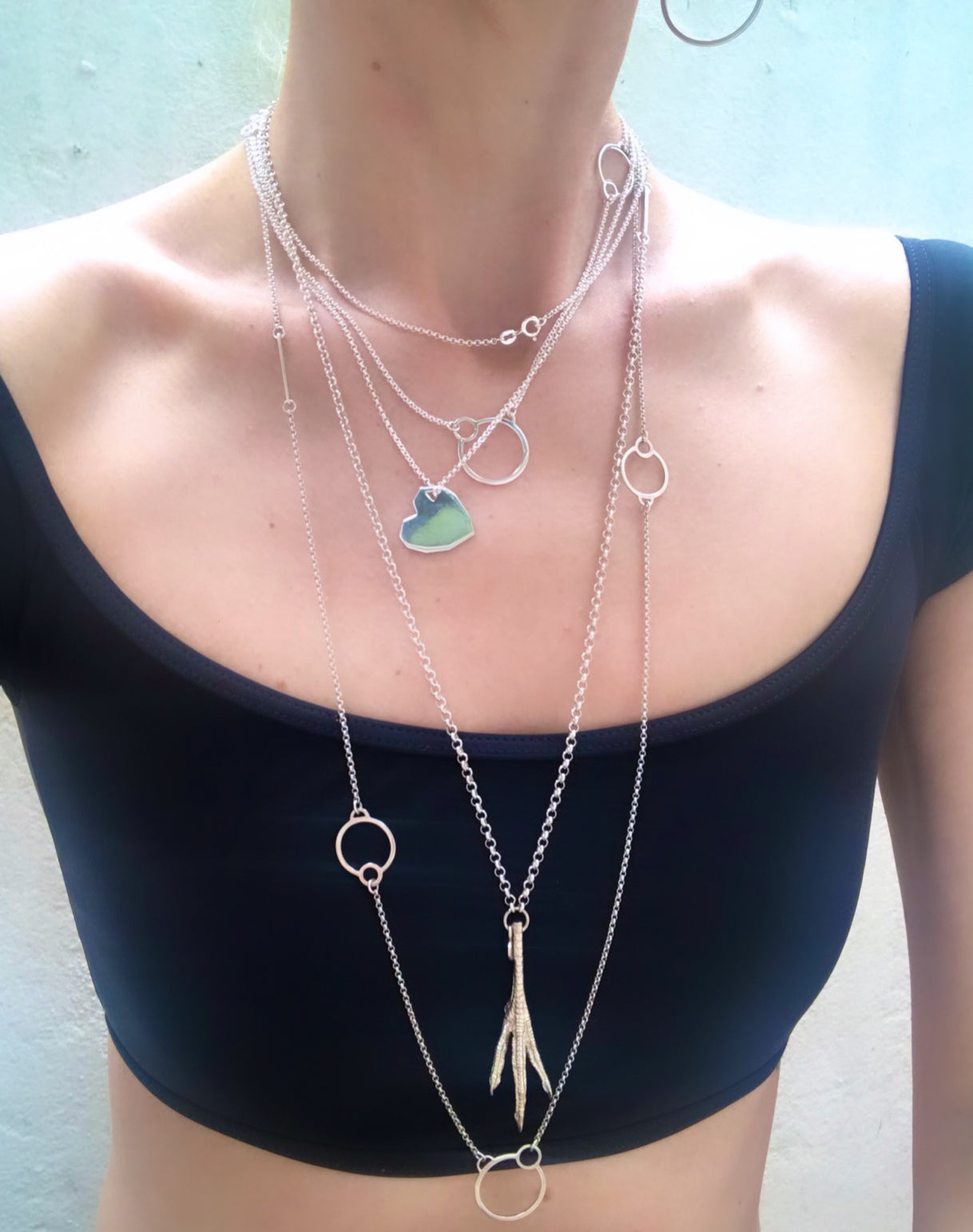 Contemporary designer long necklace with 3 circles from popular Circles collection by David&Martin. The chain is long enough for it to be worn as a two-layered short necklace.   Material: 925 silver.   Size: the length is 90cm. 